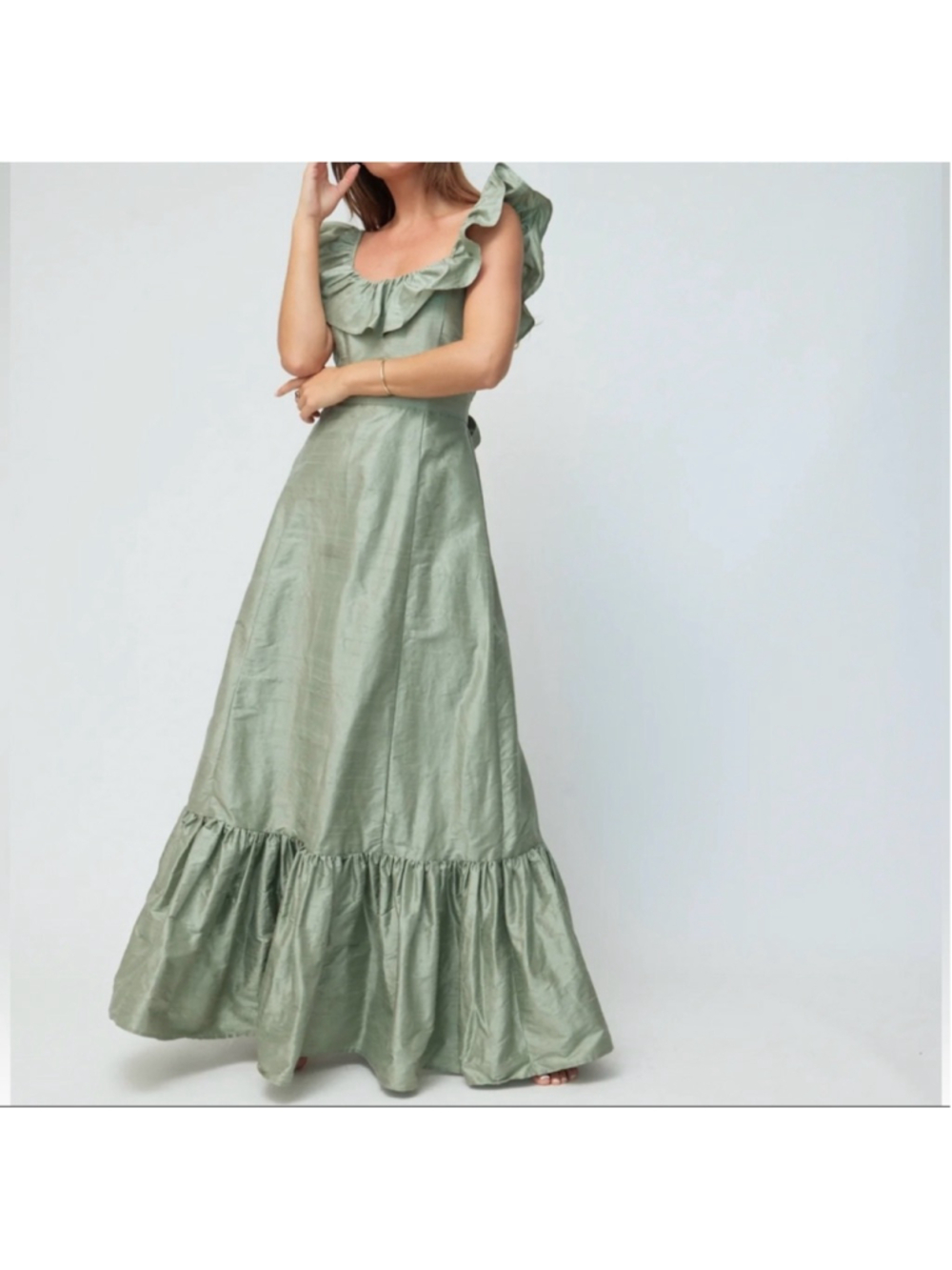 Women's Louise New York Camille Dress Silk Ruffle Maxi Dress XL Sage